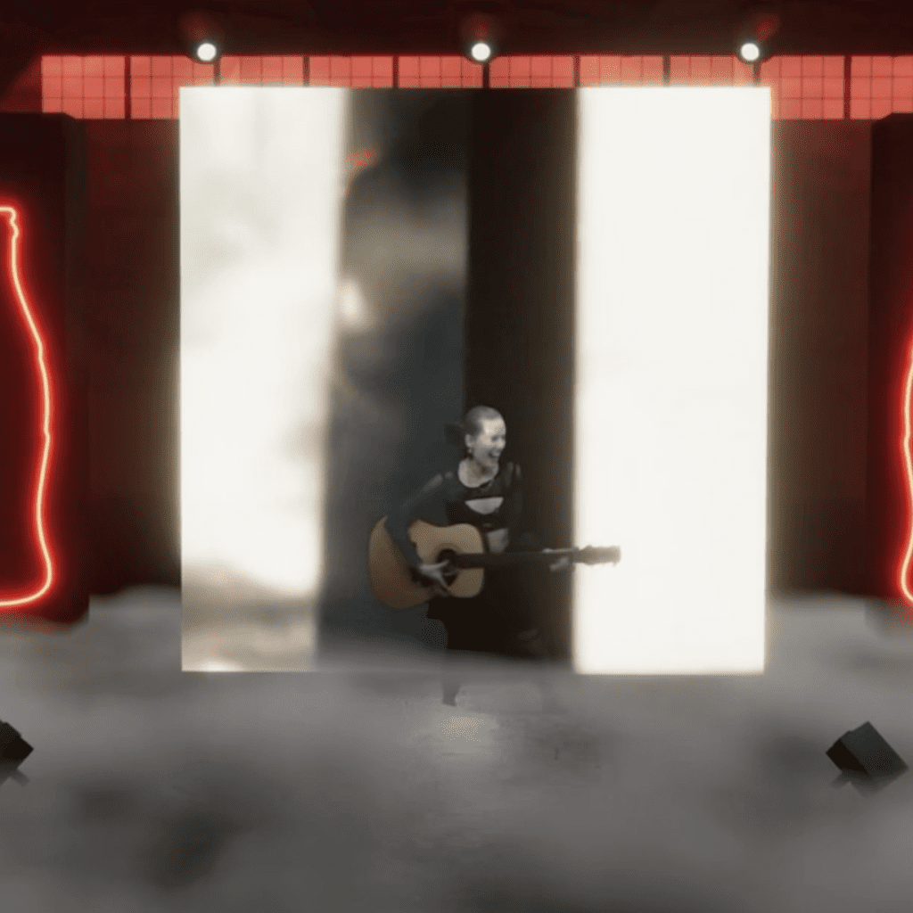 Frame from an AI generated music video, Dominique is mid-strum on an acoustic guitar and appears to not have shoulders. There are cut-off Coca-Cola bottles on the sides and fog at the bottom.