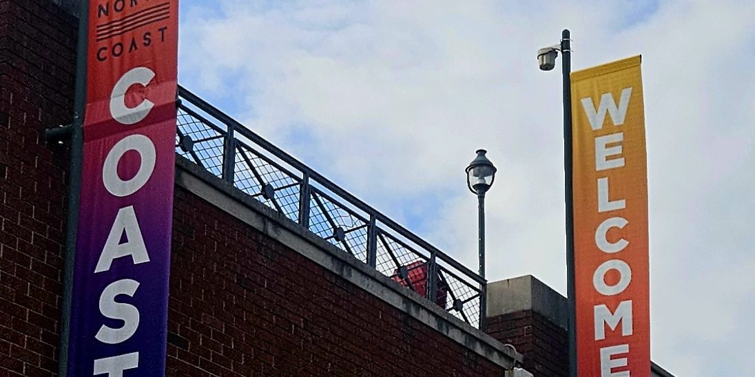 Colorful banners hung outside SeatGeek Stadium read North Coast Welcome Home